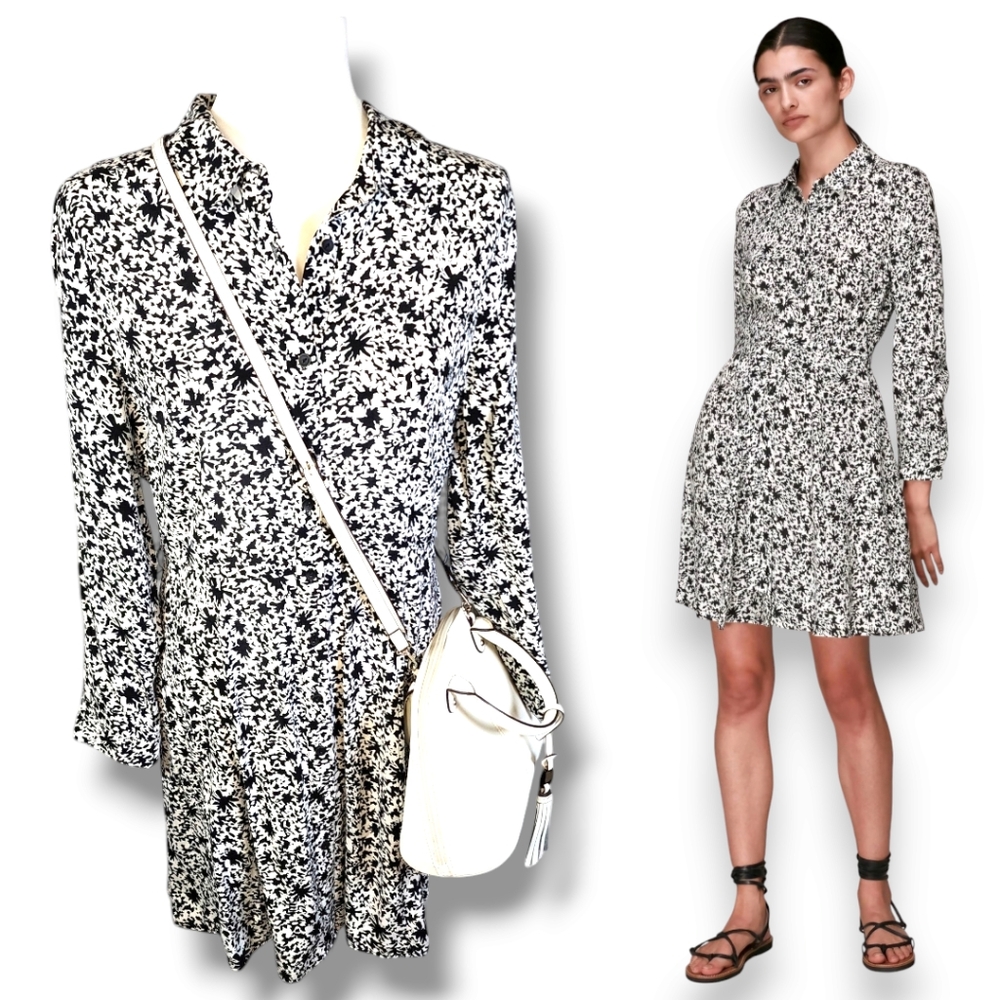 Whistles Floral Shirt Dress Black White Button Front Long Sleeve Size 8 - Picture 3 of 10